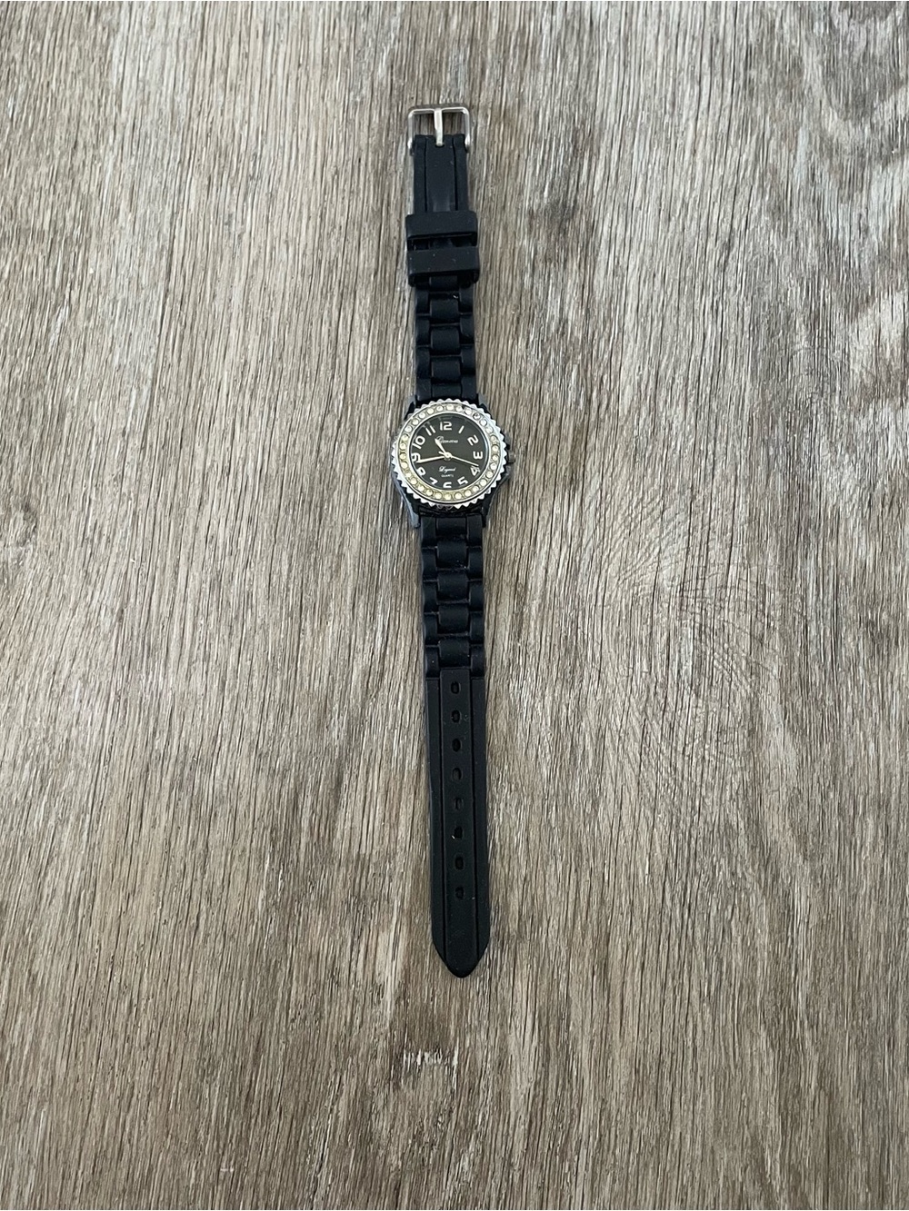 Geneva Legend Women’s Watch Black Dial Rhinestone Bezel Black Silicone Band